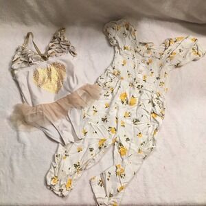 Jessica Simpson Girls 4T Bundle Floral Jumpsuit Sequin Heart Tutu Swimsuit White